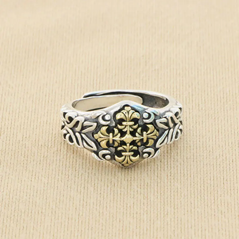 

S925 Sterling Silver Tang Grass Pattern Cross Adjustable Ring Silver Trendy Fashion Men's and Women's Ring Trendy Index Finger R