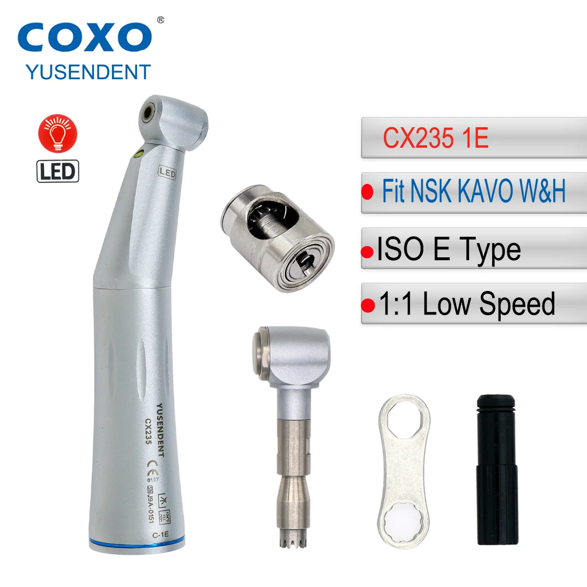 

COXO CX235-1E Dental Low Speed Handpiece LED E Generator Contra Angle Handpiece Internal Water Spray E Type Fit NSK KAVO