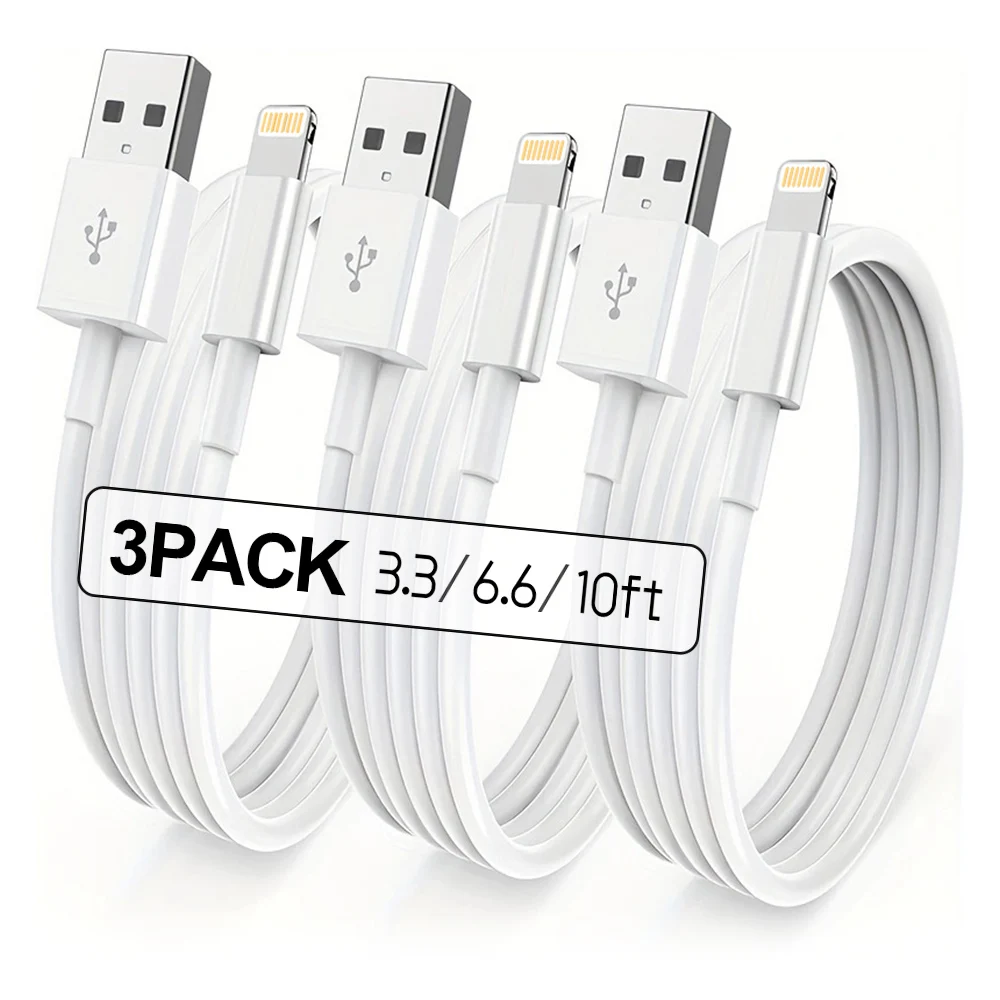 Cabo de carregamento certificado MFI adequado para iPhone, cabo de dados USB para Lightning de 10 pés, compatível com iPhone 14, 13, 12, 11, XS, XR, X, 7, 6.