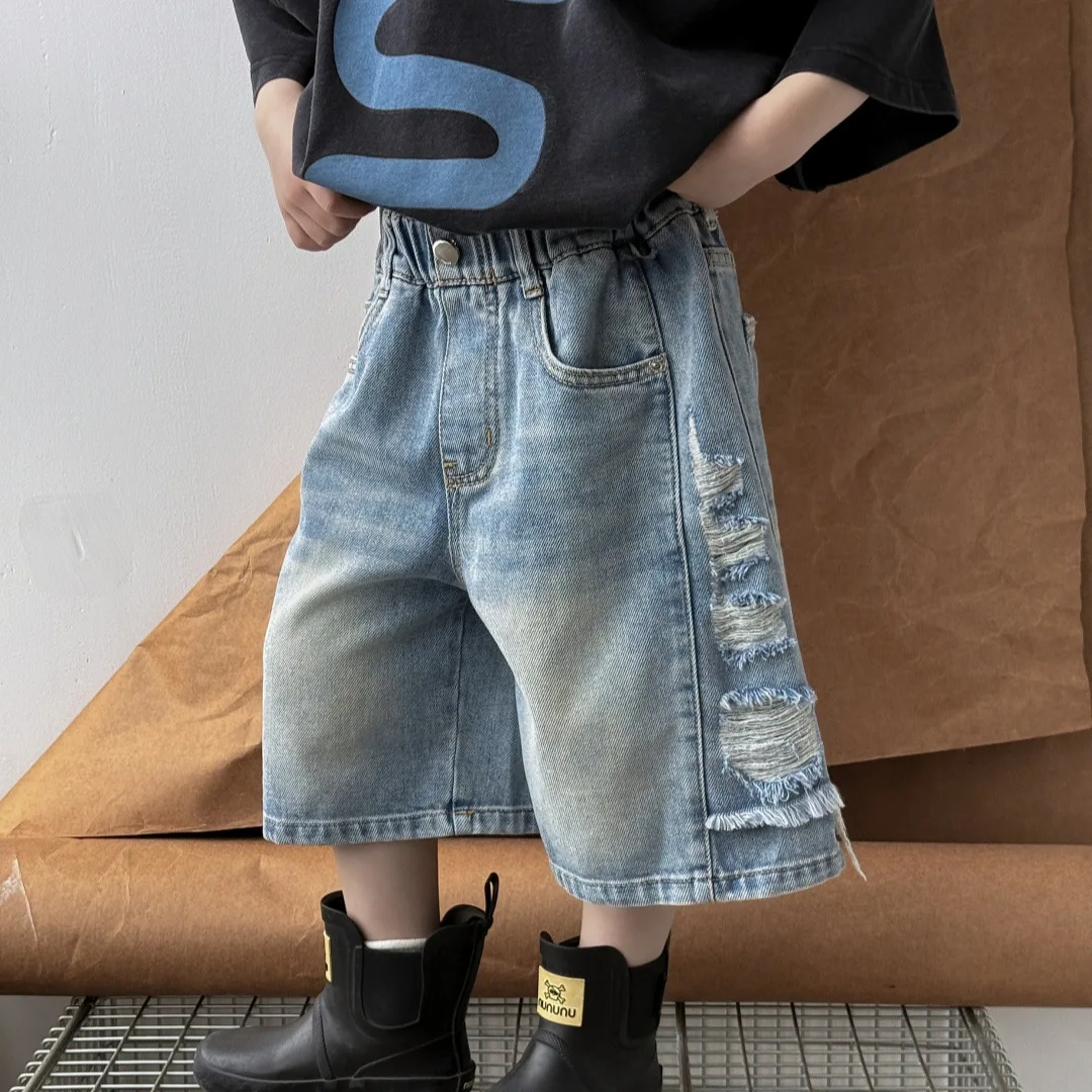 Children Clothes Boys American Vintage Style Ripped Denim Shorts Boys Summer Thin Loose Fashion Simple Casual Kids Pants
