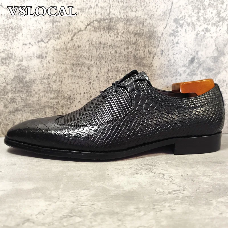 Luxury Men's Shoes Black Lace Up Wingtip Formal Derby Mens Dress Shoes Business Office Wedding Genuine Leather Shoes Men 5