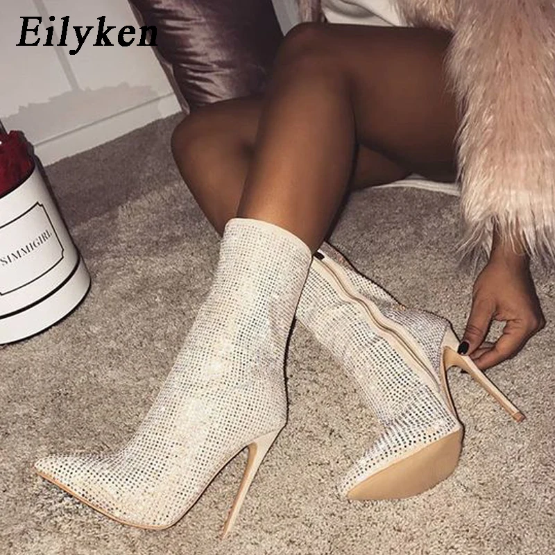 Eilyken 크리스털 라인스톤 여성용 앵클 부츠, 하이힐, 지퍼 포인트 토, 현대 여성 신발, 봄 가을 섹시