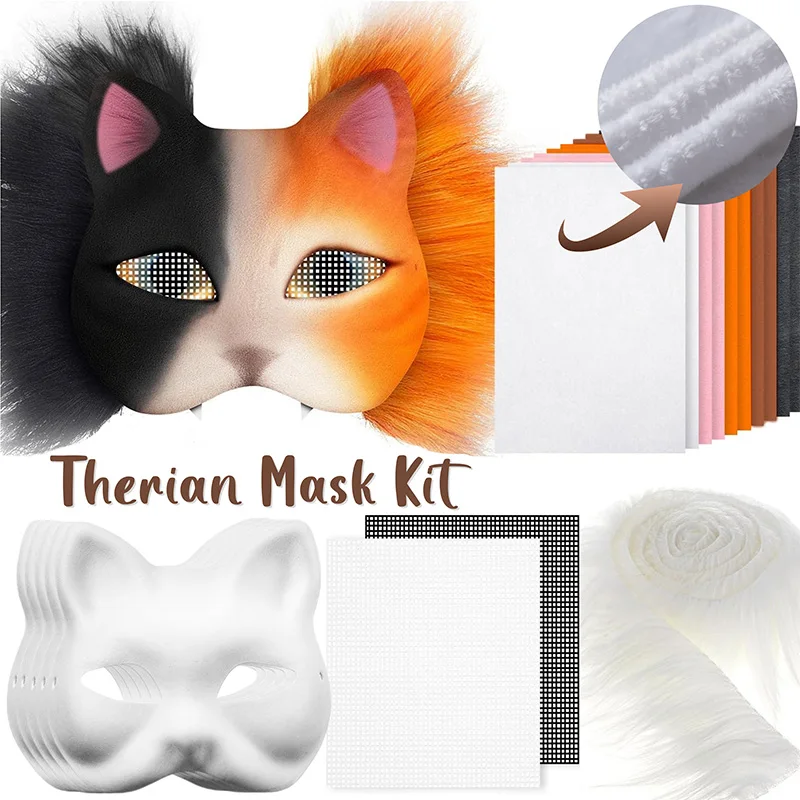 Therian kattenmasker | Handgemaakte harige cosplay | Universele maat | Witgrijs bontmasker | Perfect voor fursuit en maskerade | Cadeau voor Therian-fans - België