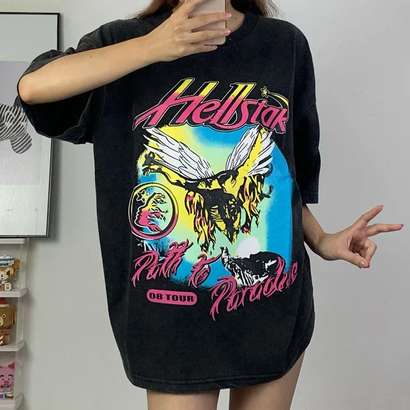 

2023SS Hellstar Vintage Wash T-shirt Black Graffiti Tie Dye Print Round Neck High Street Pure Cotton Couple Top Short Sleeve