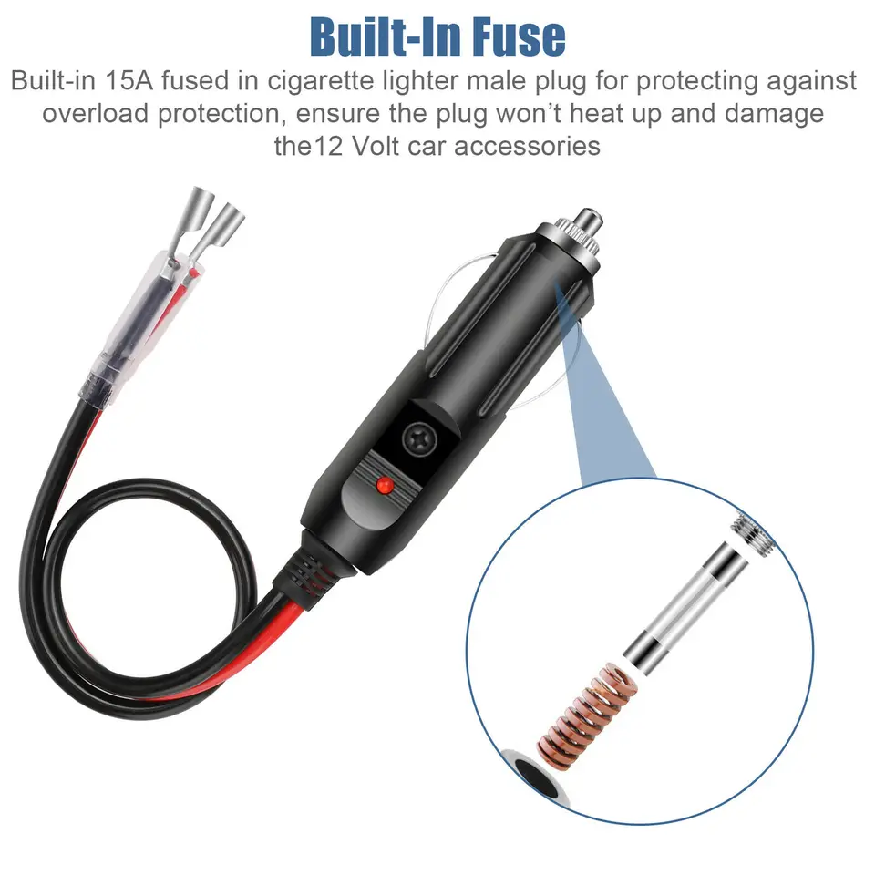 Presa accendisigari KZQ, adattatore per accendisigari maschio 12V/24V, cavo di prolunga 16AWG da 10 cm con indicatore LED rosso e fusibile di ricambio da 15 A per auto, camion, confezione da 2