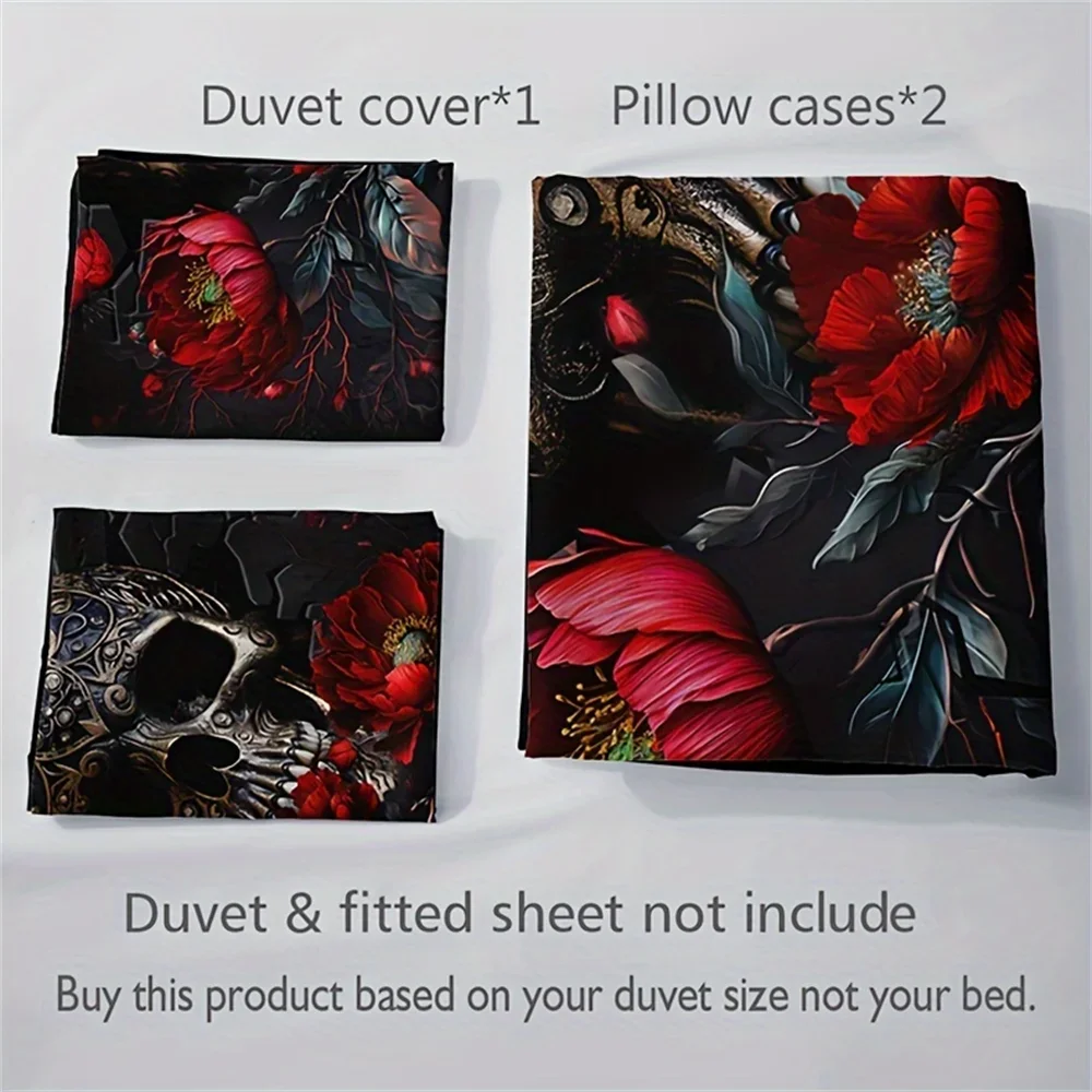 3-Piece Gothic Skull Floral Duvet Cover Set - Soft Breathable HD Printing Bedding for Home Dorm Decor - Halloween Themed, Comfor