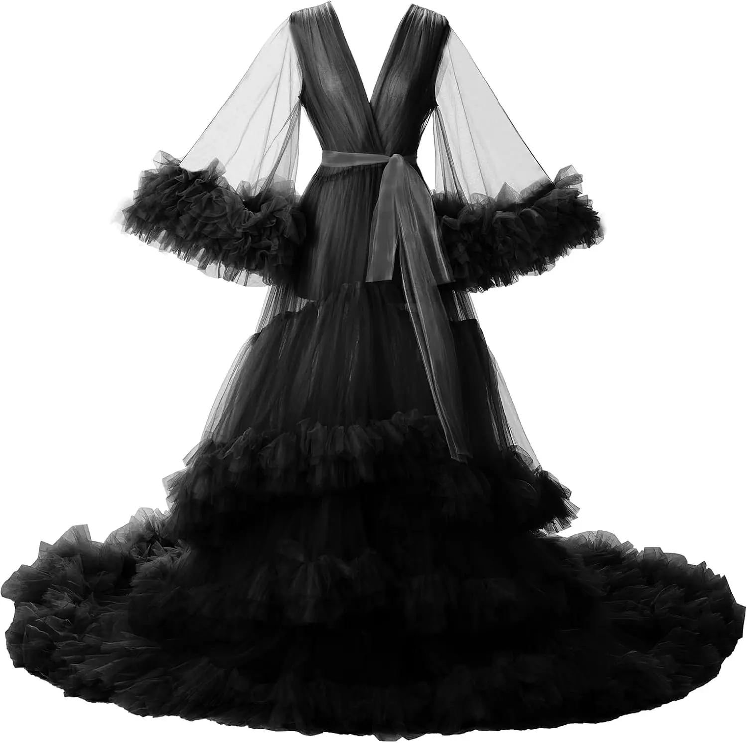 روب زفاف طويل منفوش من التول - ثوب لين للتصوير أثن...