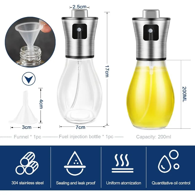 [Stainless Steel Oil Sprayer] 200ml Glass Oil Sprayer Bottle with Stainless Steel Pump,Transparent Cooking Mist Dispenser