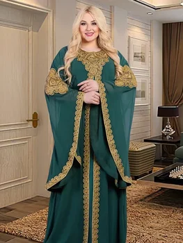 Party Dresses for Women Abaya Muslim Caftan 2 Piece Set Eid Flare Sleeves Robe Embroidered Gold Lace Dress Suit Jalabiya Ramadan 1