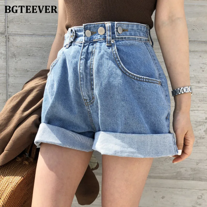 

BGTEEVER Summer High Waist Button Wide Leg Denim Shorts for Women Stylish Loose Pockets Adjustable Jeans Shorts for Women