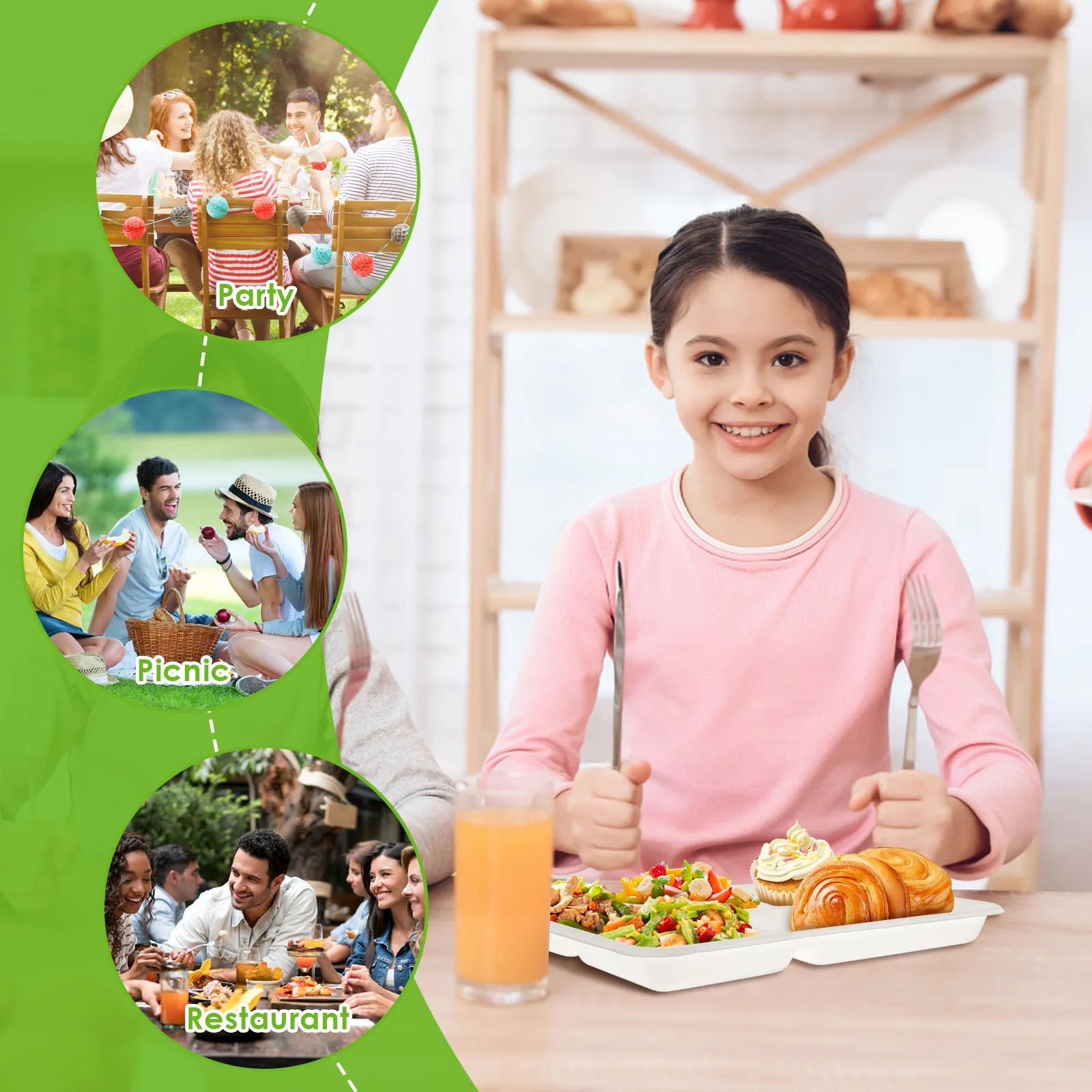 50Pcs Sugarcane Plate 5 Compartments Paper Plate Eco-friendly Compostable Compostable Paper Plates for Party Dinner