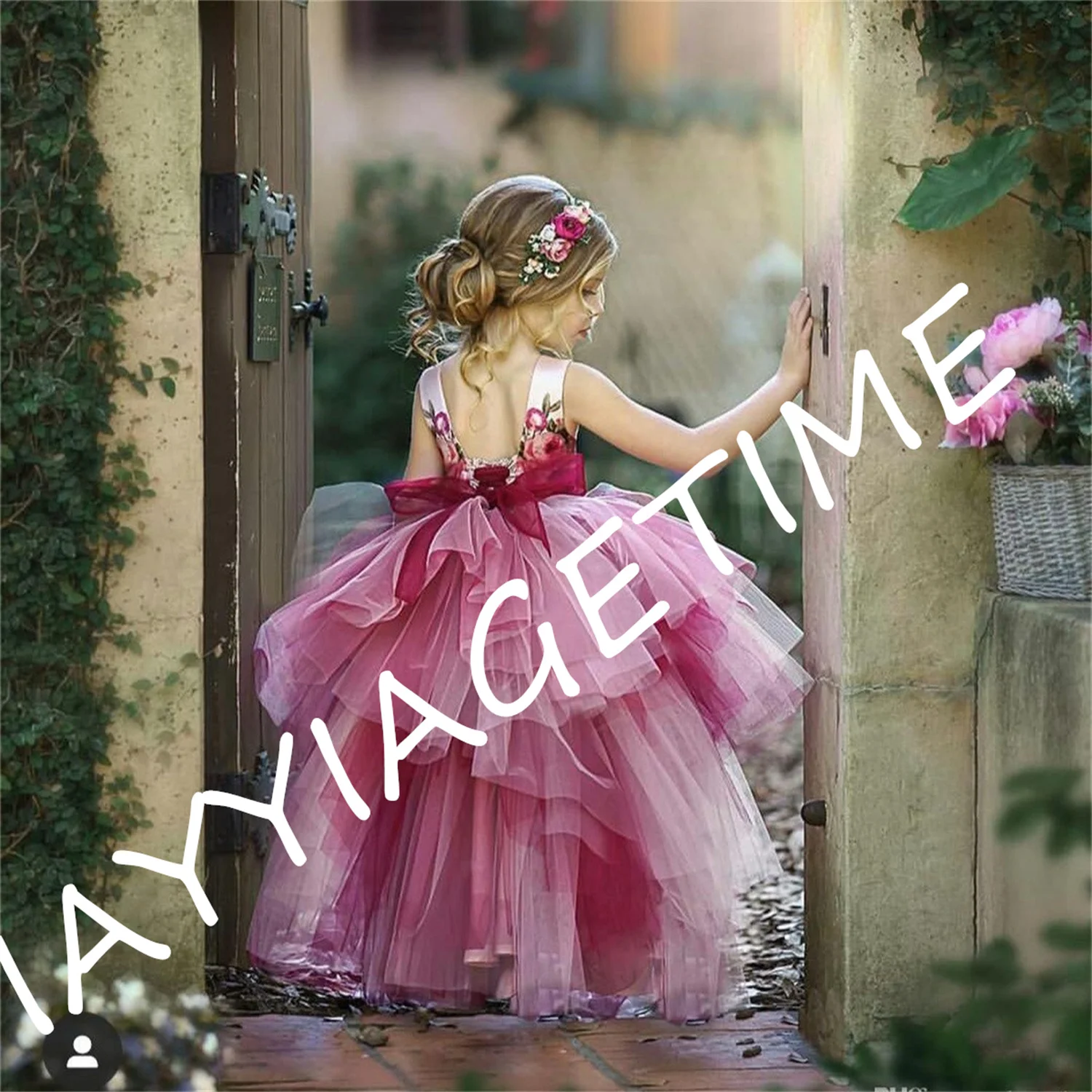 

Sleeveless Lace Decals Layered Princess Flower Girl Dress Wedding Party Beauty Pageant First Communion Dresses Dream Kids Gift