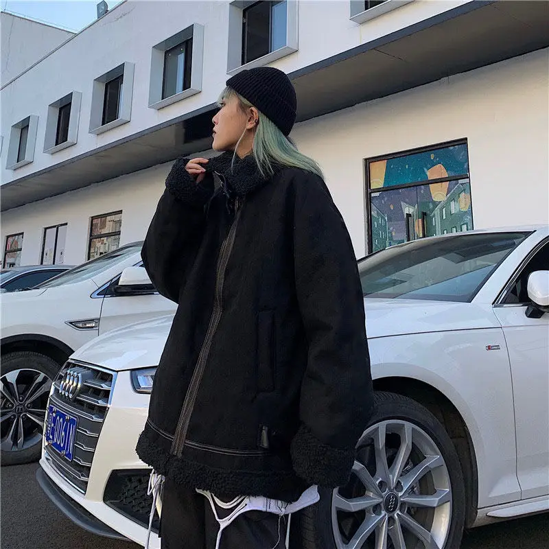 Winter Parkas Women Gothic Punk Warm BF Style Pockets Female Retro Streetwear Harajuku Chic Student Cargo Clothes Fashion Black