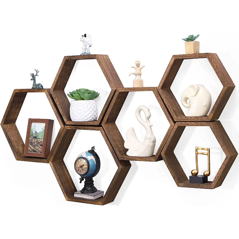 

Hexagon Floating Shelves Set of 6 Honeycomb Shelves for Wall, Brown plant stands flower stand