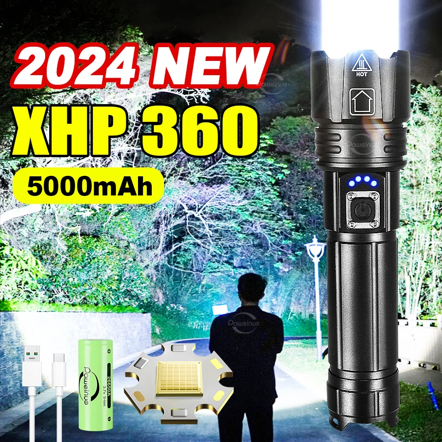 

100000LM XHP360LED Torch High Power LED Flashlight 5000mAh USB Reachargeable Powerful Flashlight Work 12 Hours Tactical Lantern