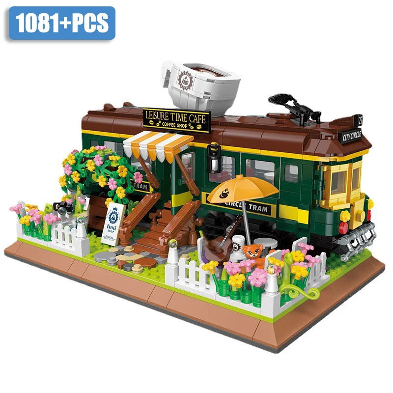 

Retro Train Coffee Shop Building Blocks Mini Size City Street View Train Coffee House Bricks Toys For Kids Friends Gifts