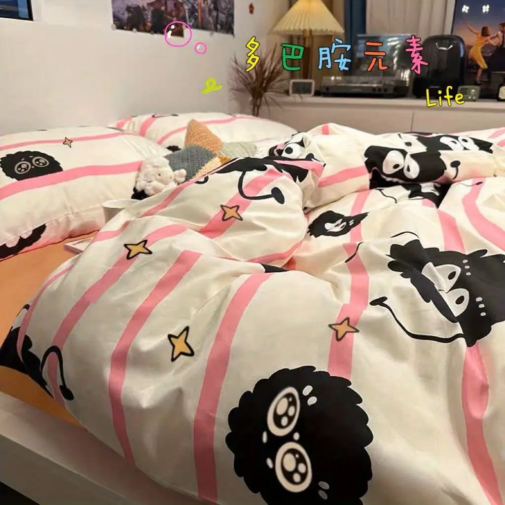 Ins Black Bowknot Bedding Set Pink Bed Flat Sheet Duvet Cover Twin Full Queen Princess Style Bed Linen Girls Floral Quilt Cover