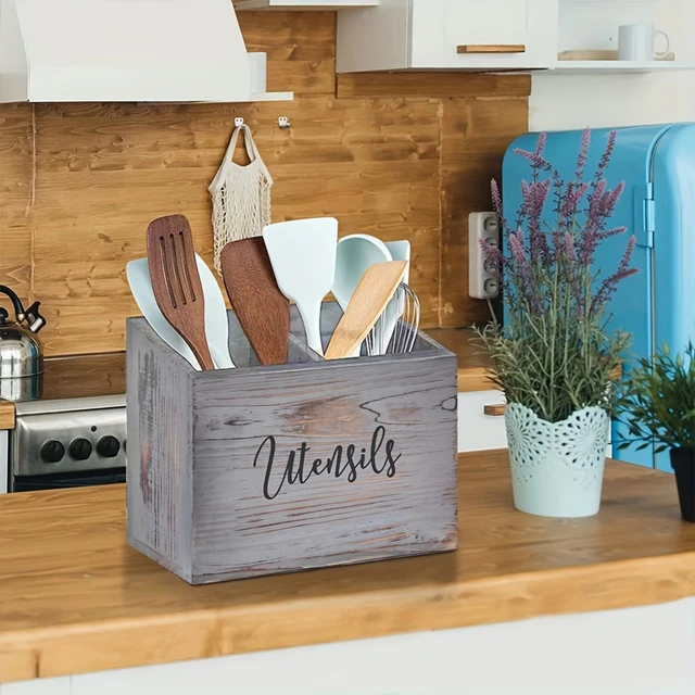 Rustic Wood Utensil Holder Caddy 3
