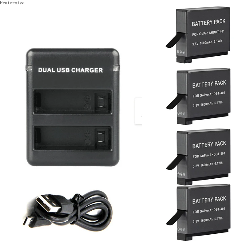 

1600mAh Replacement Battery For Gopro Hero 4 Batteries USB Charger for GoPro HERO4 AHDBT-401 Action Camera Bateria Accessories