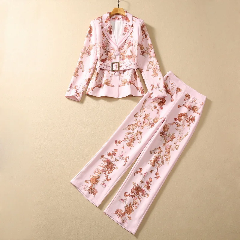 

Office Lady Elegant 2023 Autumn Newest Fashion Two Buttons Printed With Belt Pink Blazer And Pants Suit Sets