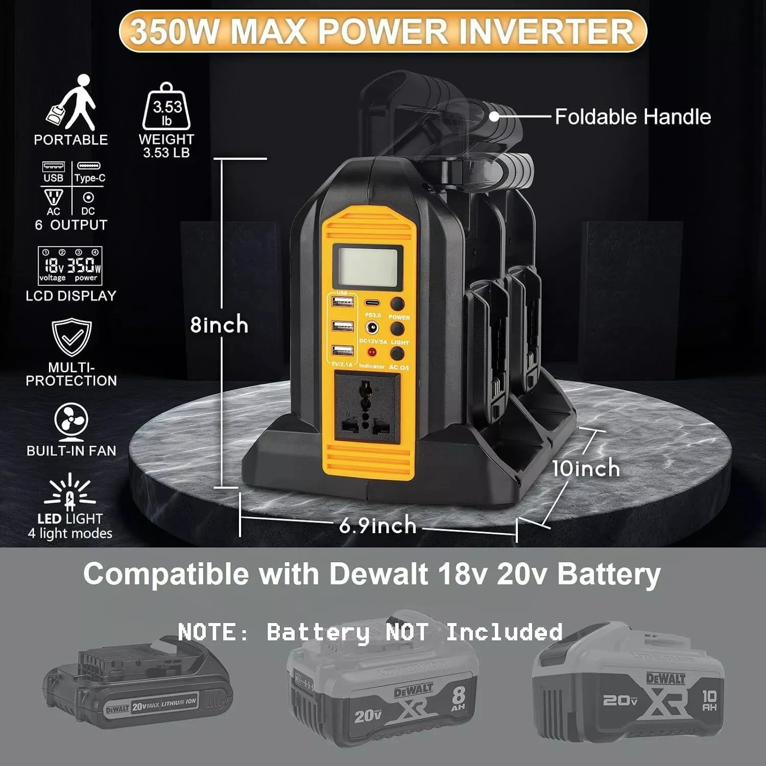 350W Power Inverter for Dewalt 20v 60v Battery 4-Ports DC 20V to AC 120V/220-230