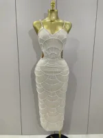 Women Hot Sale Sleeveless Sexy Strap Pearl Beading Sequins Bodycon Long Dress Celebrate Evening Party Birthday Outfit Vestido
