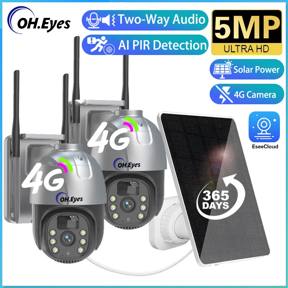 

5MP 4G Sim Card Solar PTZ Camera Built-In Battery AI PIR Motion Detection Outdoor Security CCTV Surveillance IP Camera EseeCloud