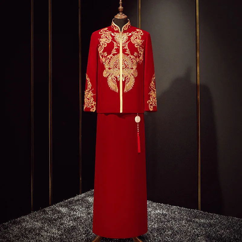 

Men High Quality Vintage Qipao Tang Suit Clothing Bridegroom Red Velour Sequins Beading Embroidery Wedding Dress