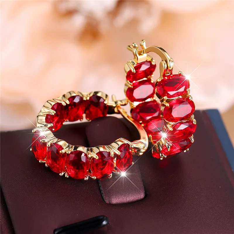 Luxury Female Red Stone Clip Earrings Charm Yellow Gold Color Wedding Jewelry For Women