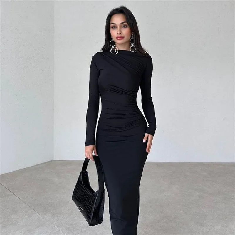 Autumn and Winter New Women's Round Neck Long-sleeved Solid Color Dress Fashion Elegant Pullover Long Casual bodycon Dress