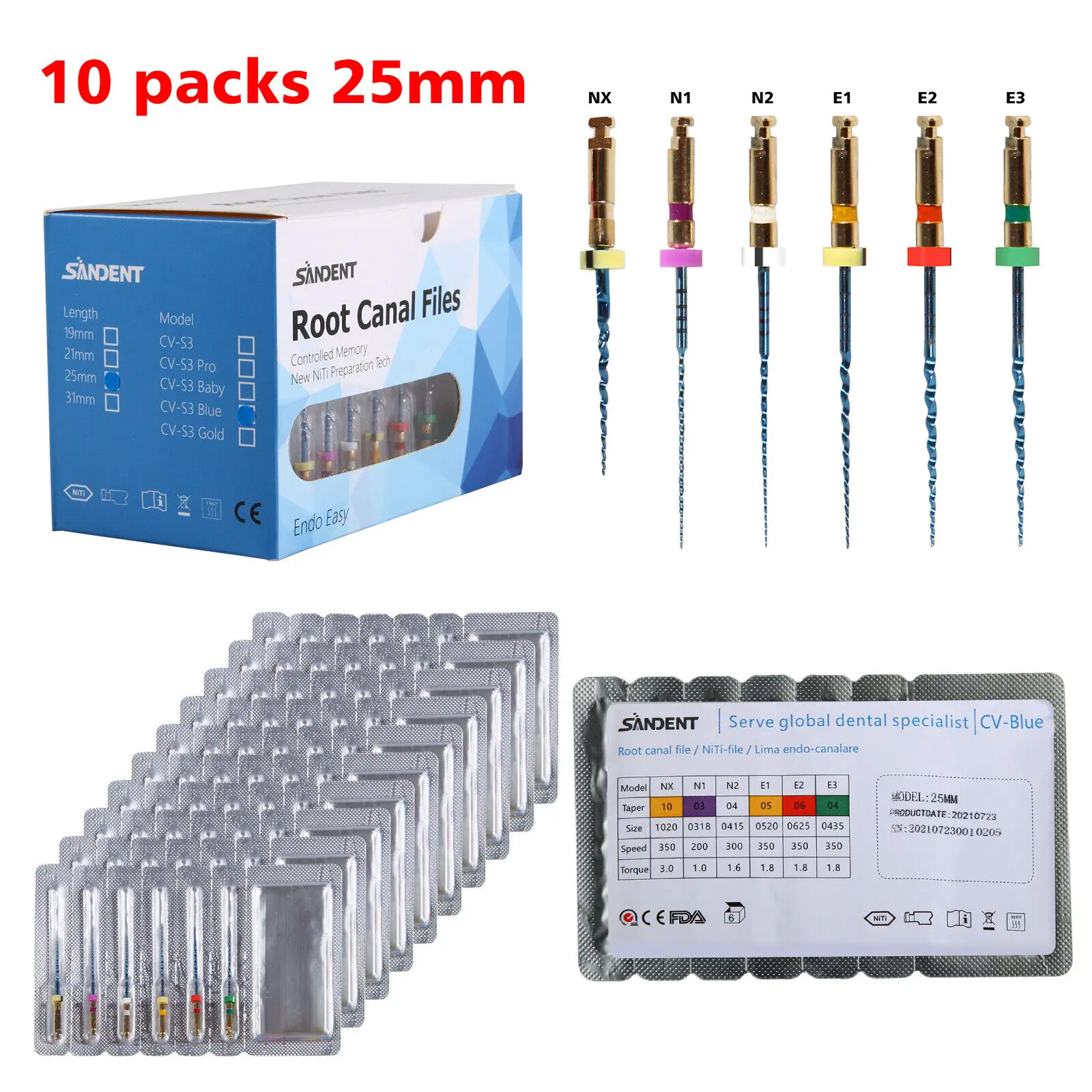 

60PCS/10Packs Dental Endodontic Endo Motor Memory Engine Rotary Root Canal NiTi File 25mm files