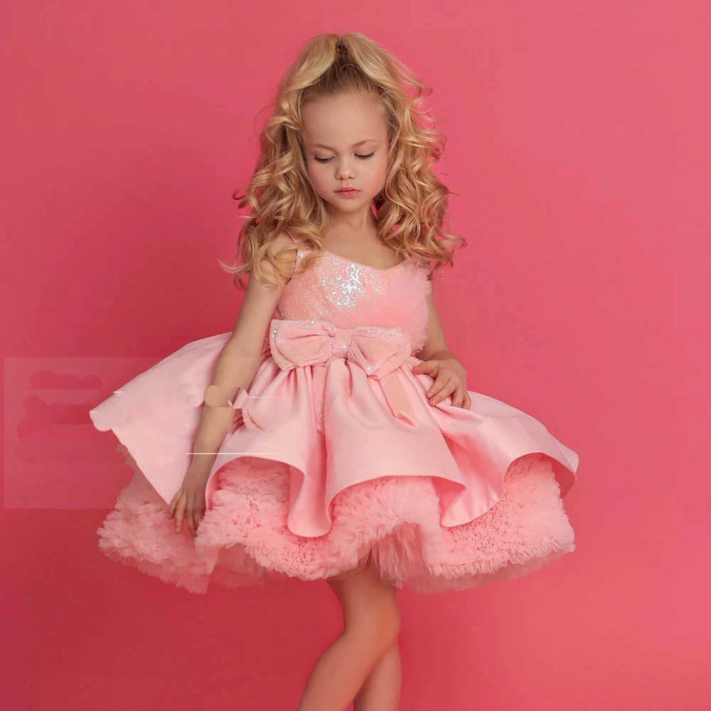 

Pink Christmas Gowns for Baby 2024 Sleeveless Satin Flower Girls Dresses with Sequined 2024 Winter Tiered Bow فلور فتاة اللباس