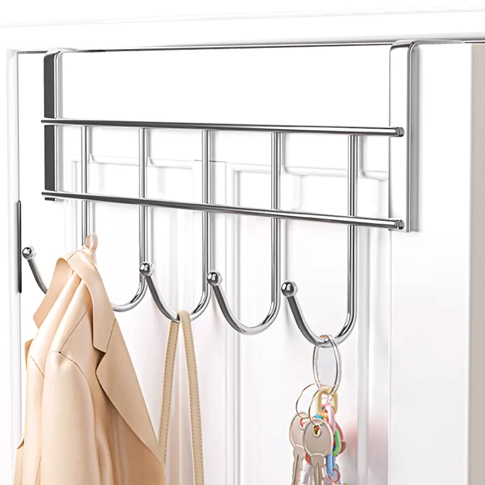 Door Hanger Hook Stainless Steel Kitchen Cabinet Pull Over Door Hook Clothes Bedroom Bathroom Hanger Bags Towel Holder 5 Hooks