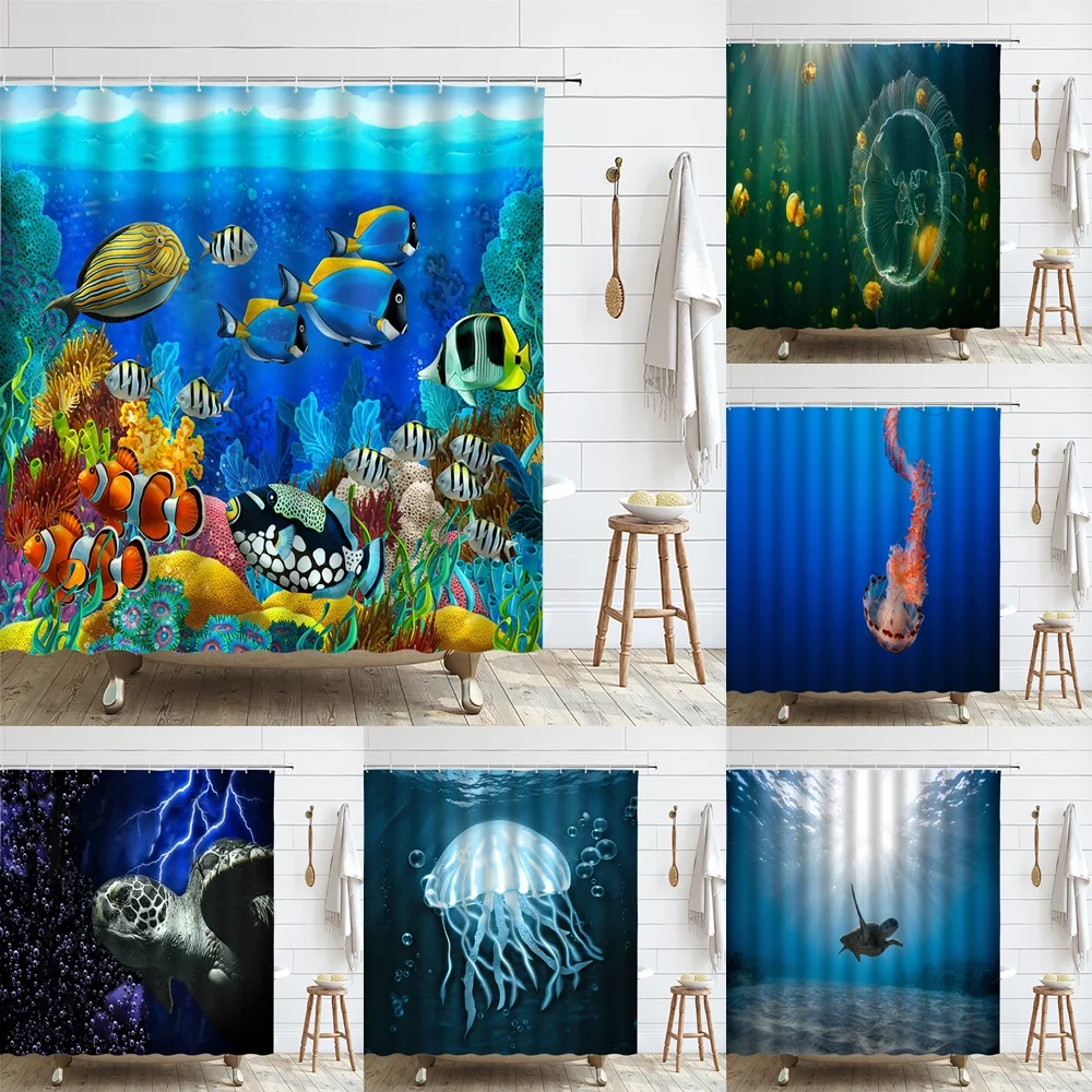 

Coral Reef Aquarium Fish Shower Curtain Tropical Ocean Sea Turtle Jellyfish Underwater Cloth Bath Curtains Bathroom Decor Screen