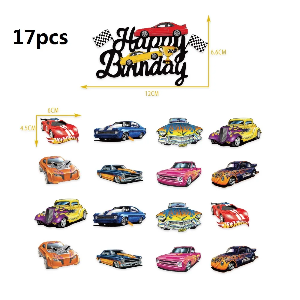 Hot Wheel Cake Decorations,Happy Birthday Cake Insert Set, Hot Wheels, Racing Car Toppers,17pcs