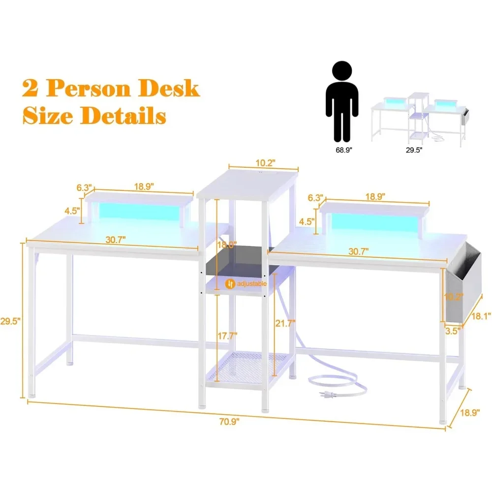 New2025-2 Person Gaming Desk with LED Lights, 71 Inch Computer Desk with Power Outlets and Monitor Stand, Double Desk with Stora