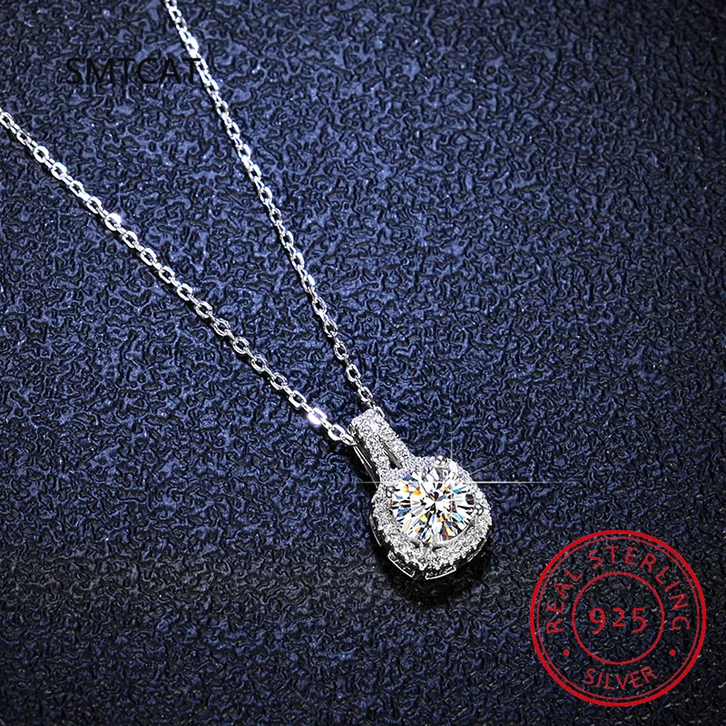 Moissanite Pendant Necklace 1CT Round Cut Emerald Cut Halo Design 14K Plated Silver
