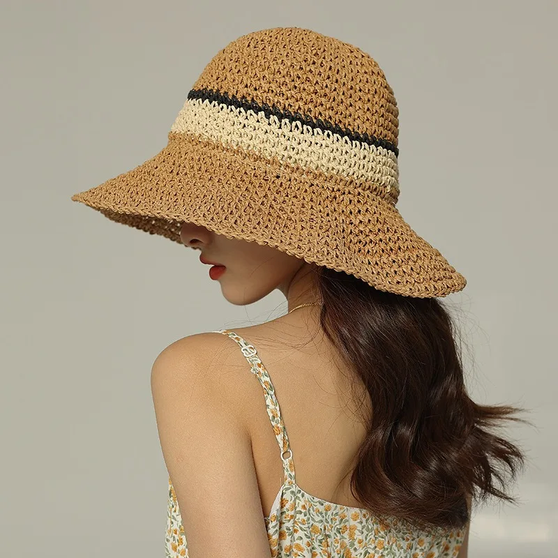 100%Raffia rainbow Girl Sun Hat Wide Brim Floppy Summer Hats For Women  Beach Panama Straw Dome Bucket Hat Femme Shade Hat