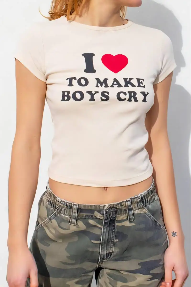 Letnia damska Y2K seksowna dopasowana koszulka z krótkim rękawem i okrągłym dekoltem krótki top estetyczny list krótki T-Shirt z nadrukiem fajna Street841_voghion.com