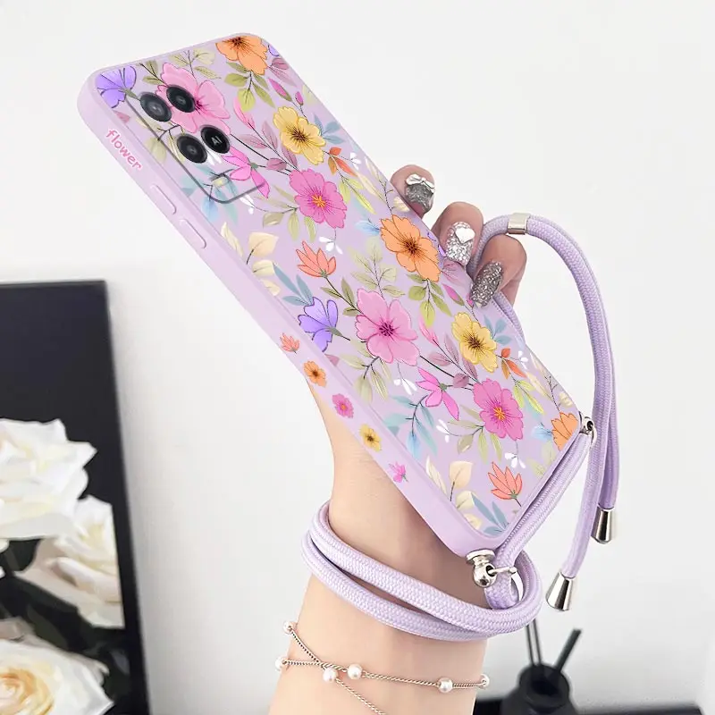 Elegant Purple Floral Lanyard Silicone Phone Case with Adjustable Strap