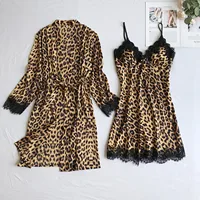 Ensemble chemise de nuit et Robe deux pièces, imprimé léopard, Sexy, garniture en dentelle, écharpe, ouvert sur le devant, peignoir, ensemble pyjama, vêtements de détente 1