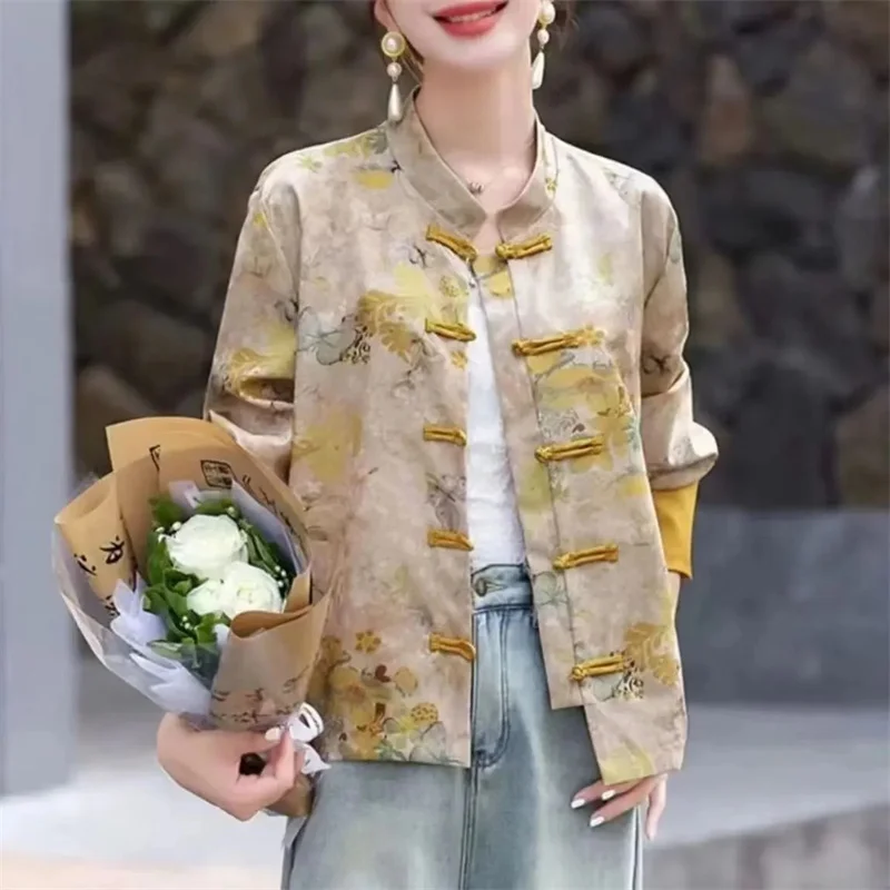 Women's Clothing New Chinese Style Top Chinese Style Female's Clothing Top Buttoned Jacket Print Coat Female Round Neck Shirt