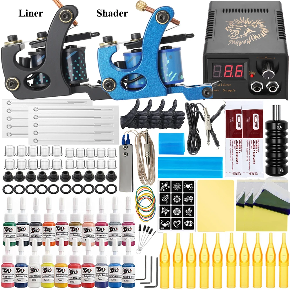 

Complete Tattoo Kit Machines Gun Ink Set with Power Supply Grips Body Art Tools Set Permanent Makeup Tattoo Set for Beginner