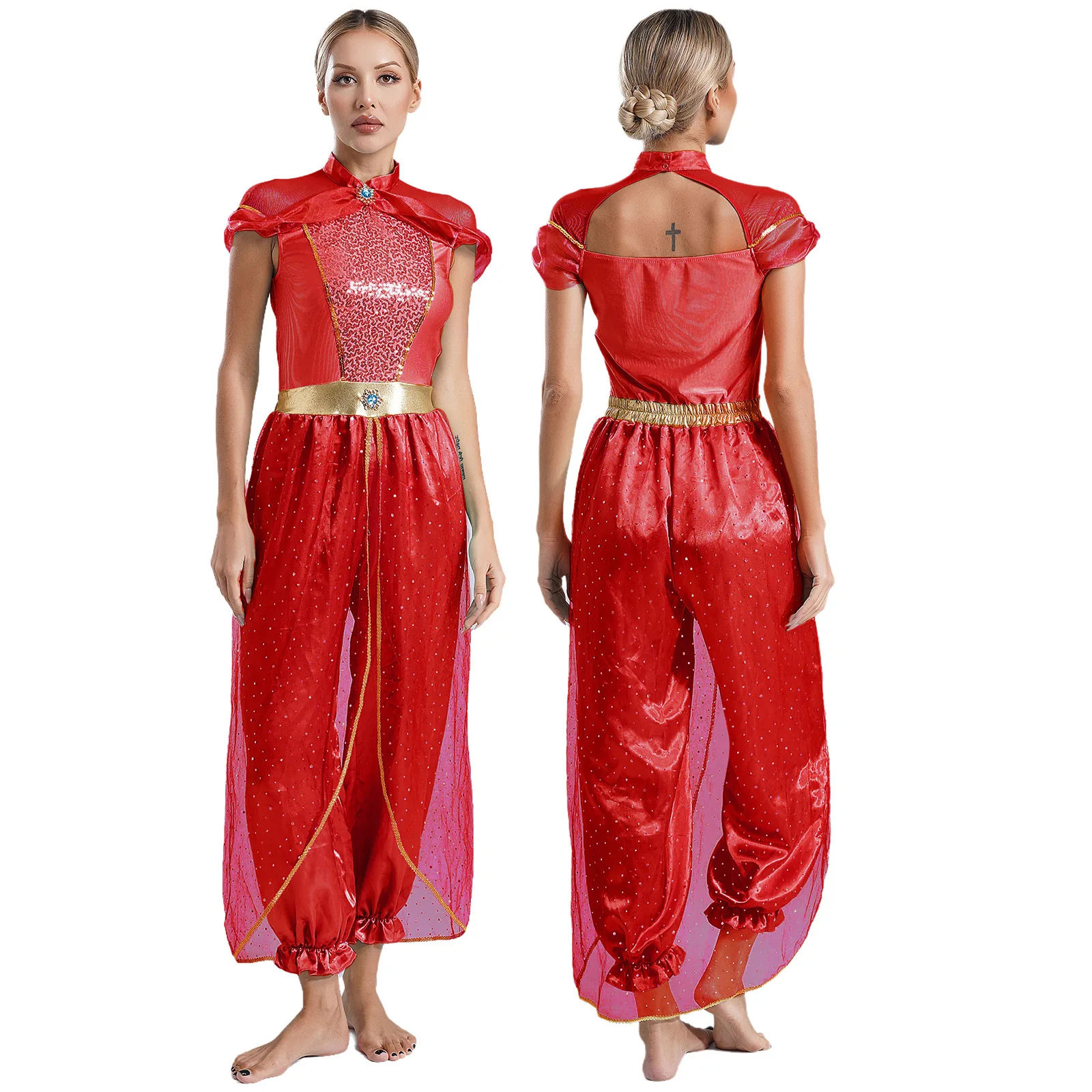 Mono de Bollywood con lentejuelas para mujer, trajes de Cosplay de princesa árabe de Halloween, peleles, disfraz de danza del vientre adornado con gemas