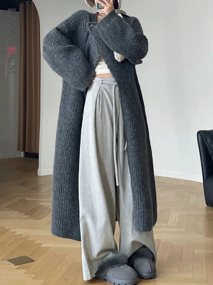 

LANMREM Fashion Wool Knitted Long Coat Women Round Neck Irregular Single Breasted Solid Color Clothing 2023 Winter New 2AA4019