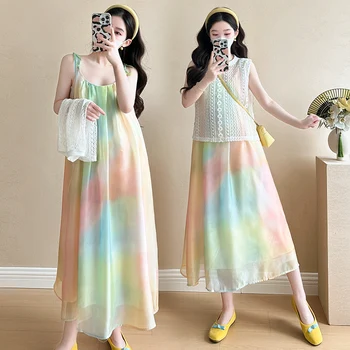 Summer Maternity Maxi Dress Sleeveless Halter Collar Loose Casual Pregnant Woman Holiday Clothes Plus Size Pregnancy Beach Dress