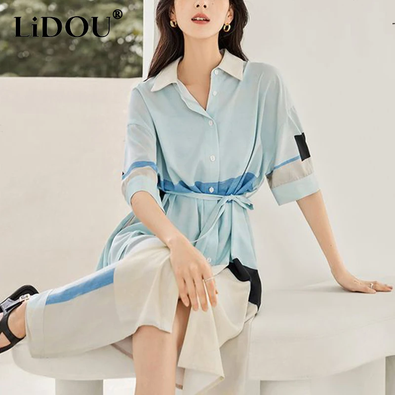 

Summer New Polo-neck Elegant Fashion Printing Shirt Dress Female Short Sleeve Lace Up Waist Robe Ladies Loose Casual Vestidos