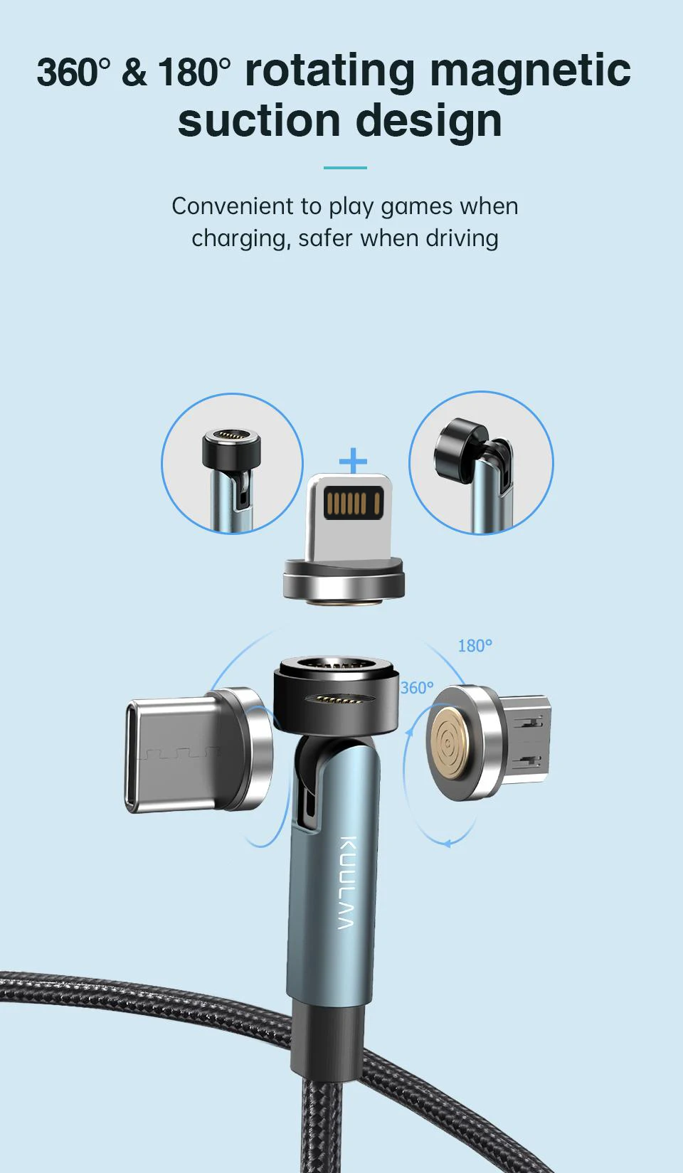 KUULAA 3-in-1-Magnetkabel 540 ° Drehen Sie das Schnelllade-Magnet-Ladegerät, Micro-USB-Typ-C-Kabel, Mobiltelefonkabel für iPhone Xiaomi – Detail 2