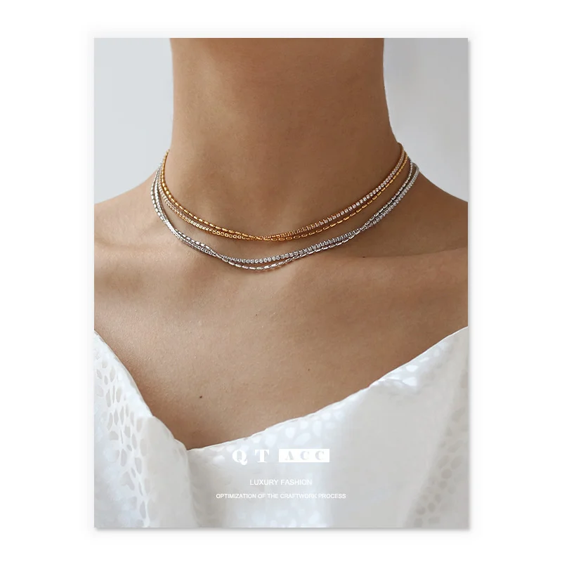 

Brass Plated True Gold/Platinum Temperament INS Cool Style Layered Double Layer Zircon Chain Necklace for Women