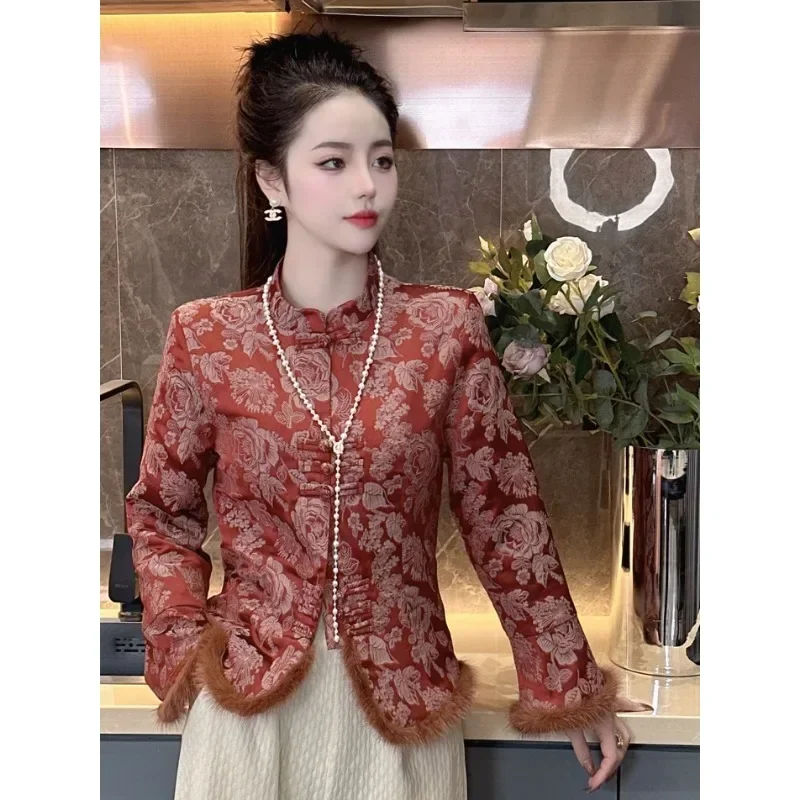 

Chinese Traditional Coat Jacquard Splicing Temperament Versatile Stand up Collar Long Sleeve Cotton Jacket Women's Winter Top